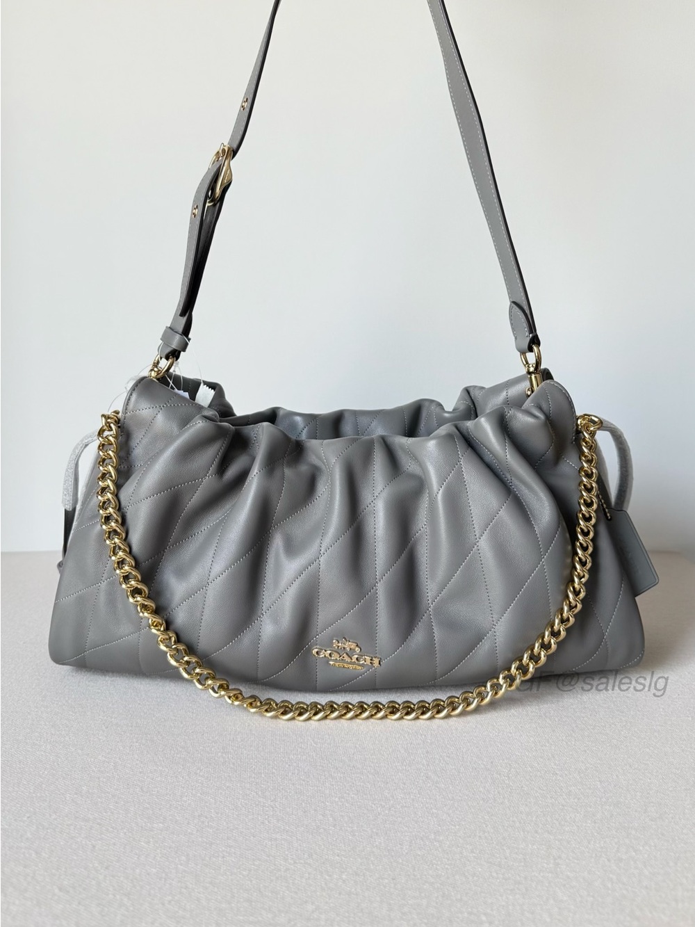 Coach Gray Quilted Leather Shoulder Bag with Gold Chain Accent